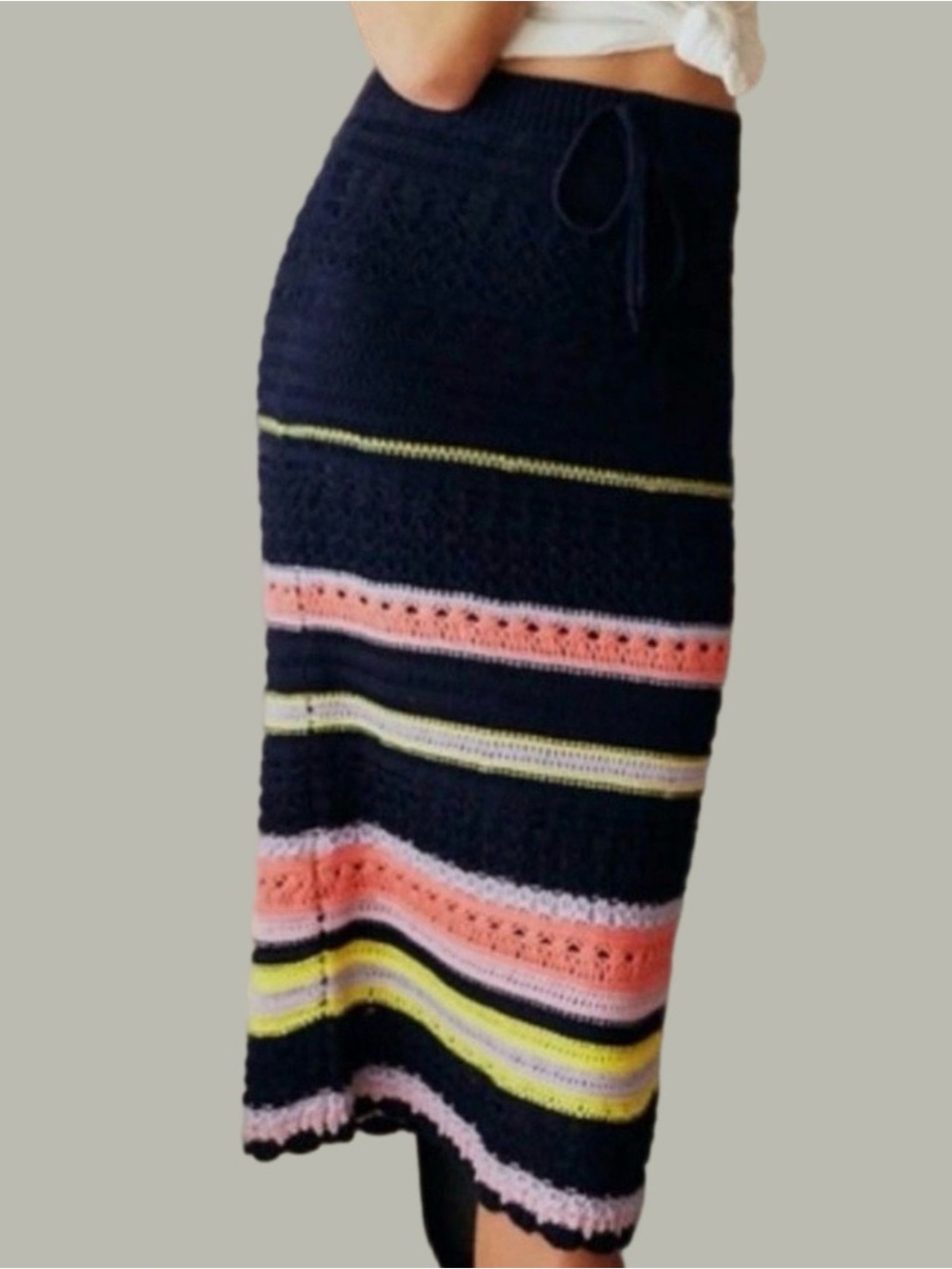 Anthropologie Maeve Antonella Crochet Midi Skirt Navy Striped Small EUC